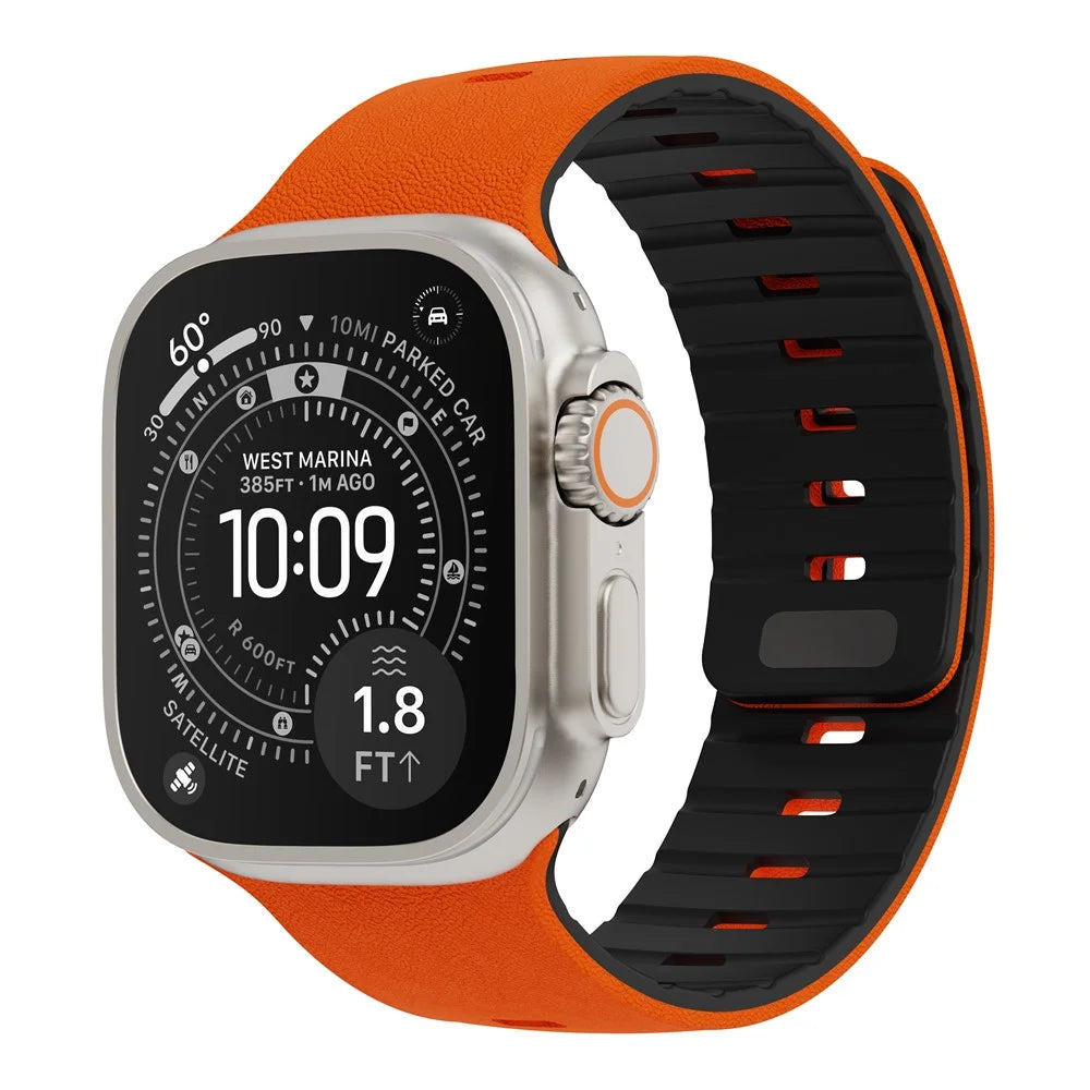 Replacement Wristband for Apple Watch Series 11 10 42mm  /  9 8 7 41mm  /  SE3 SE2 SE 6 5 4 40mm  /  3 2 1 38mm Textured Silicone Magnetic Strap - Orange+Black - 2