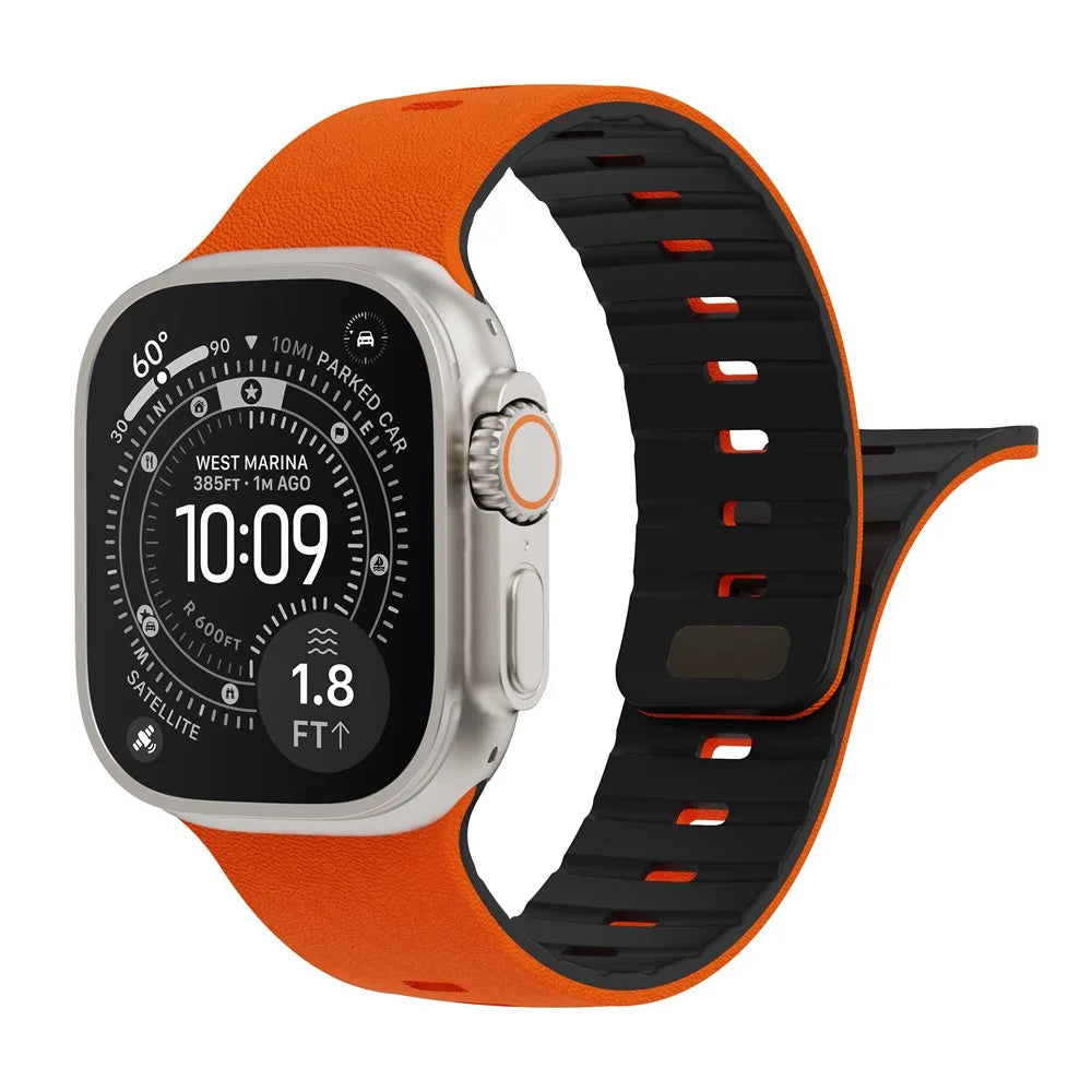 Replacement Wristband for Apple Watch Series 11 10 42mm  /  9 8 7 41mm  /  SE3 SE2 SE 6 5 4 40mm  /  3 2 1 38mm Textured Silicone Magnetic Strap - Orange+Black - 4