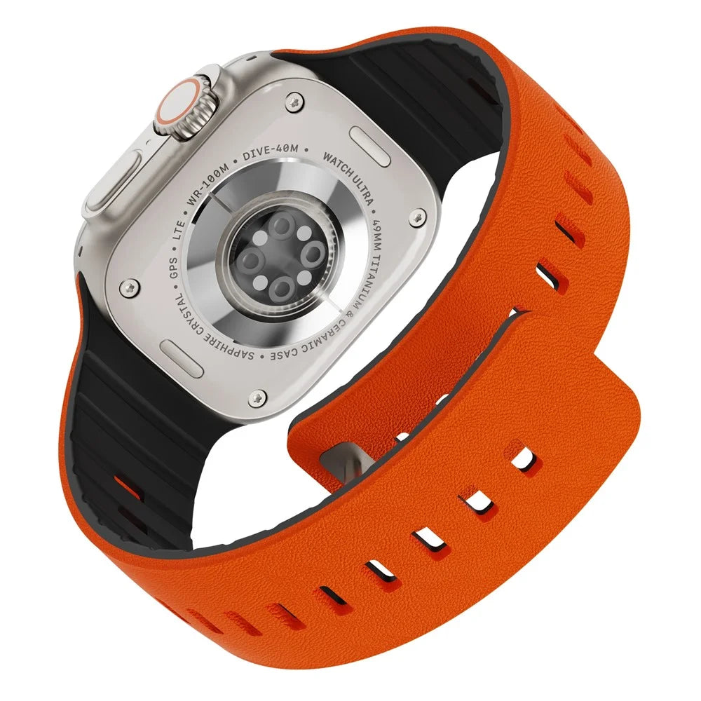 Replacement Wristband for Apple Watch Ultra 3 2 1 49mm  /  Series 11 10 46mm  /  9 8 7 45mm  /  SE3 SE2 SE 6 5 4 44mm  /  3 2 1 42mm Textured Silicone Magnetic Strap - Orange+Black - 3