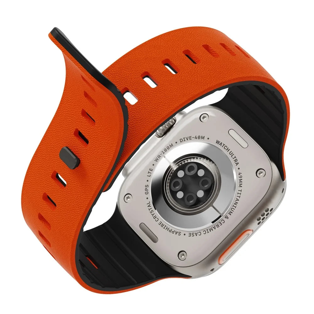 Replacement Wristband for Apple Watch Ultra 3 2 1 49mm  /  Series 11 10 46mm  /  9 8 7 45mm  /  SE3 SE2 SE 6 5 4 44mm  /  3 2 1 42mm Textured Silicone Magnetic Strap - Orange+Black - 5