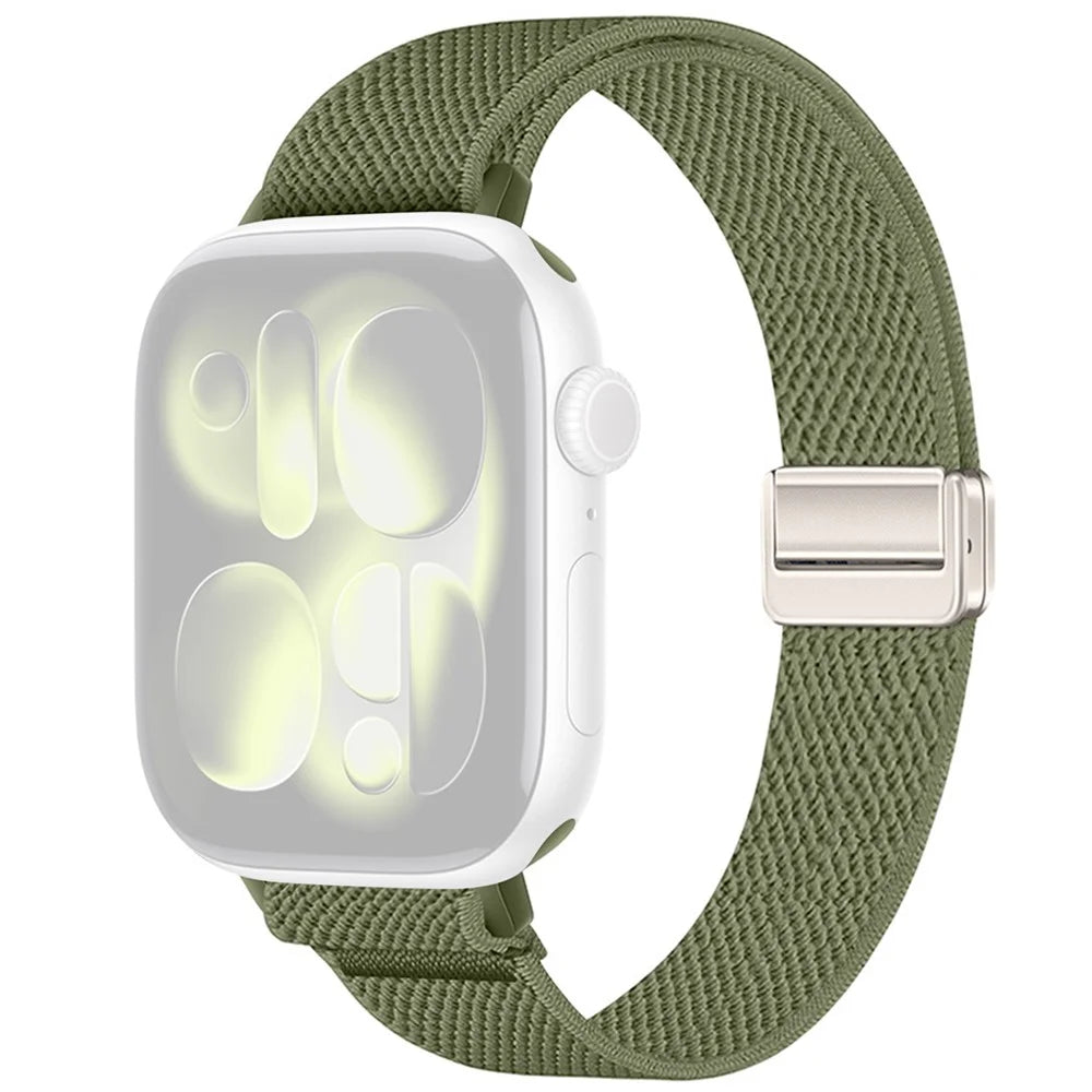 Woven Nylon Band for Apple Watch Ultra 3 2 1 49mm  /  Series 11 10 46mm  /  9 8 7 45mm  /  SE3 SE2 SE 6 5 4 44mm  /  3 2 1 42mm Magnetic Slim Elastic Strap - Olive Green - 1
