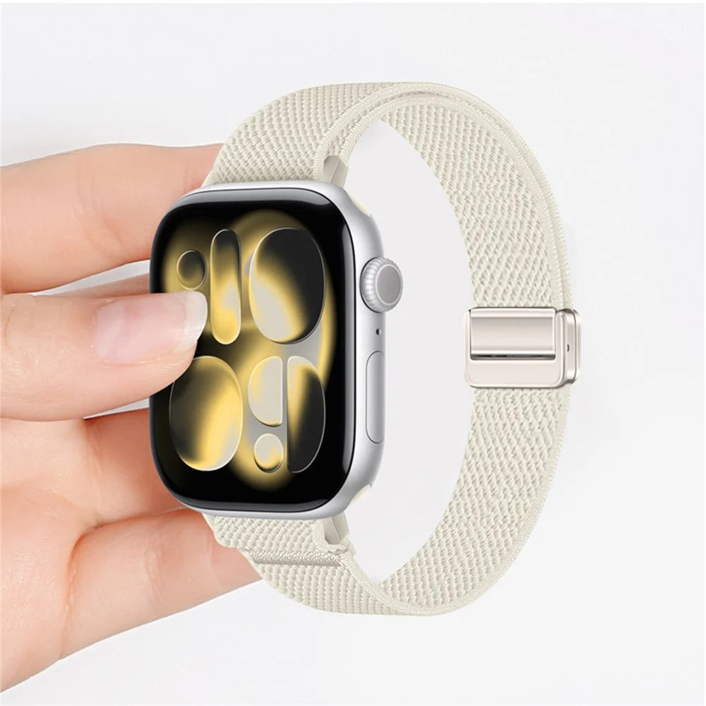Woven Nylon Band for Apple Watch Ultra 3 2 1 49mm  /  Series 11 10 46mm  /  9 8 7 45mm  /  SE3 SE2 SE 6 5 4 44mm  /  3 2 1 42mm Magnetic Slim Elastic Strap - Olive Green - 5