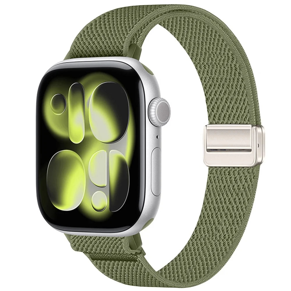 Woven Nylon Band for Apple Watch Series 11 10 42mm  /  9 8 7 41mm  /  SE3 SE2 SE 6 5 4 40mm  /  3 2 1 38mm Magnetic Slim Elastic Strap - Olive Green - 2