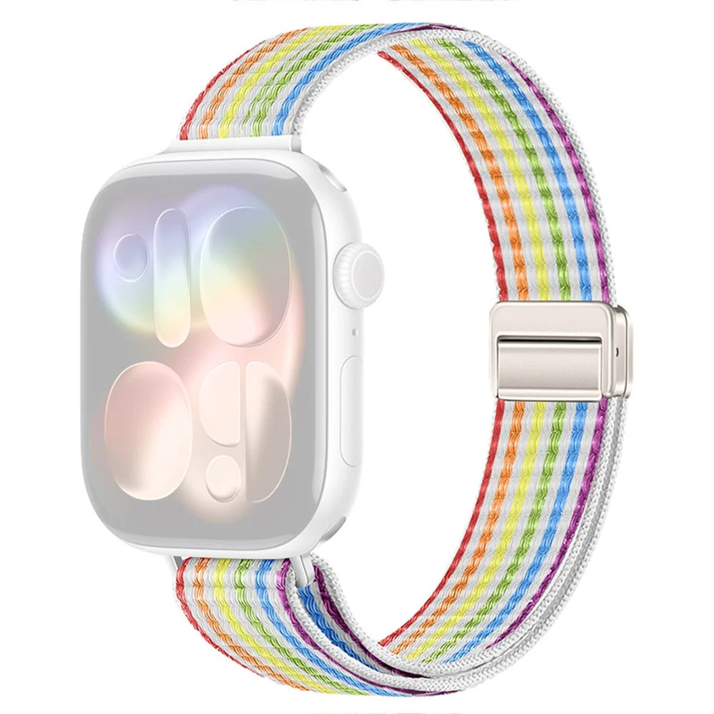 Strap for Apple Watch Ultra 3 2 1 49mm  /  Series 11 10 46mm  /  9 8 7 45mm  /  SE3 SE2 SE 6 5 4 44mm  /  3 2 1 42mm Woven Nylon Loop Band with Double Magnetic Clasp - Rainbow - Rainbow - 1