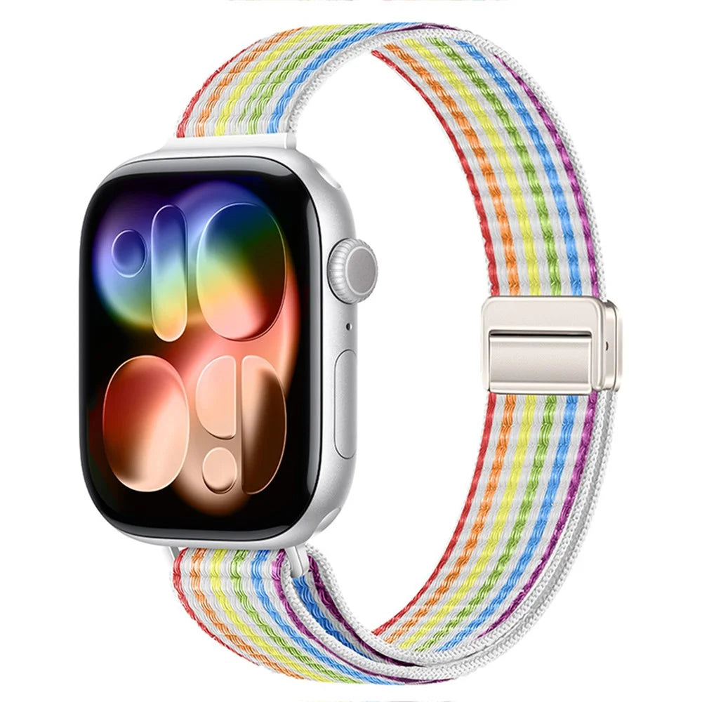 Strap for Apple Watch Ultra 3 2 1 49mm  /  Series 11 10 46mm  /  9 8 7 45mm  /  SE3 SE2 SE 6 5 4 44mm  /  3 2 1 42mm Woven Nylon Loop Band with Double Magnetic Clasp - Rainbow - Rainbow - 2