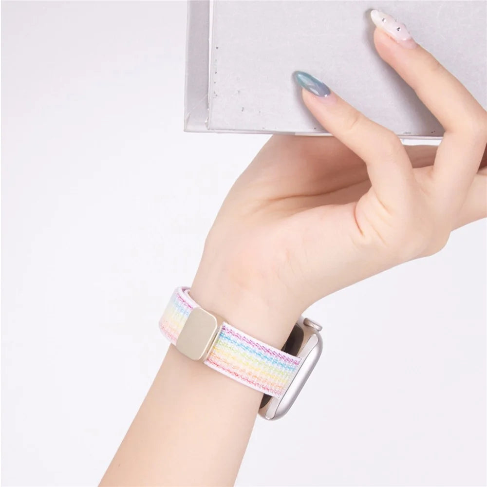 Strap for Apple Watch Ultra 3 2 1 49mm  /  Series 11 10 46mm  /  9 8 7 45mm  /  SE3 SE2 SE 6 5 4 44mm  /  3 2 1 42mm Woven Nylon Loop Band with Double Magnetic Clasp - Rainbow - Rainbow - 5
