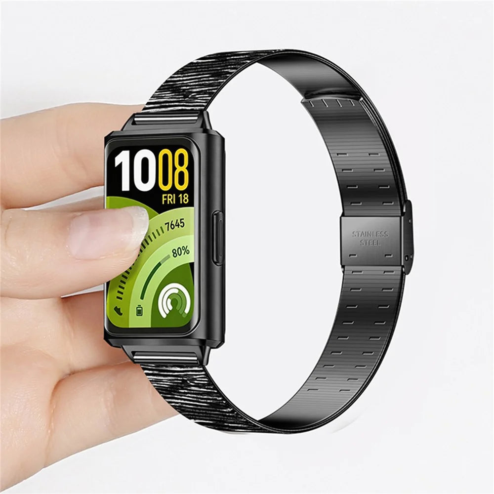 For Huawei Band 11 / 11 Pro Crushed Grain Texture Stainless Steel Replacement Wristband with Magnetic Buckle - Light Ink - 4