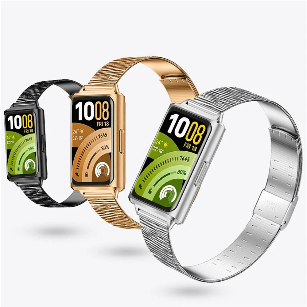 For Huawei Band 11 / 11 Pro Crushed Grain Texture Stainless Steel Replacement Wristband with Magnetic Buckle - Light Ink - 7