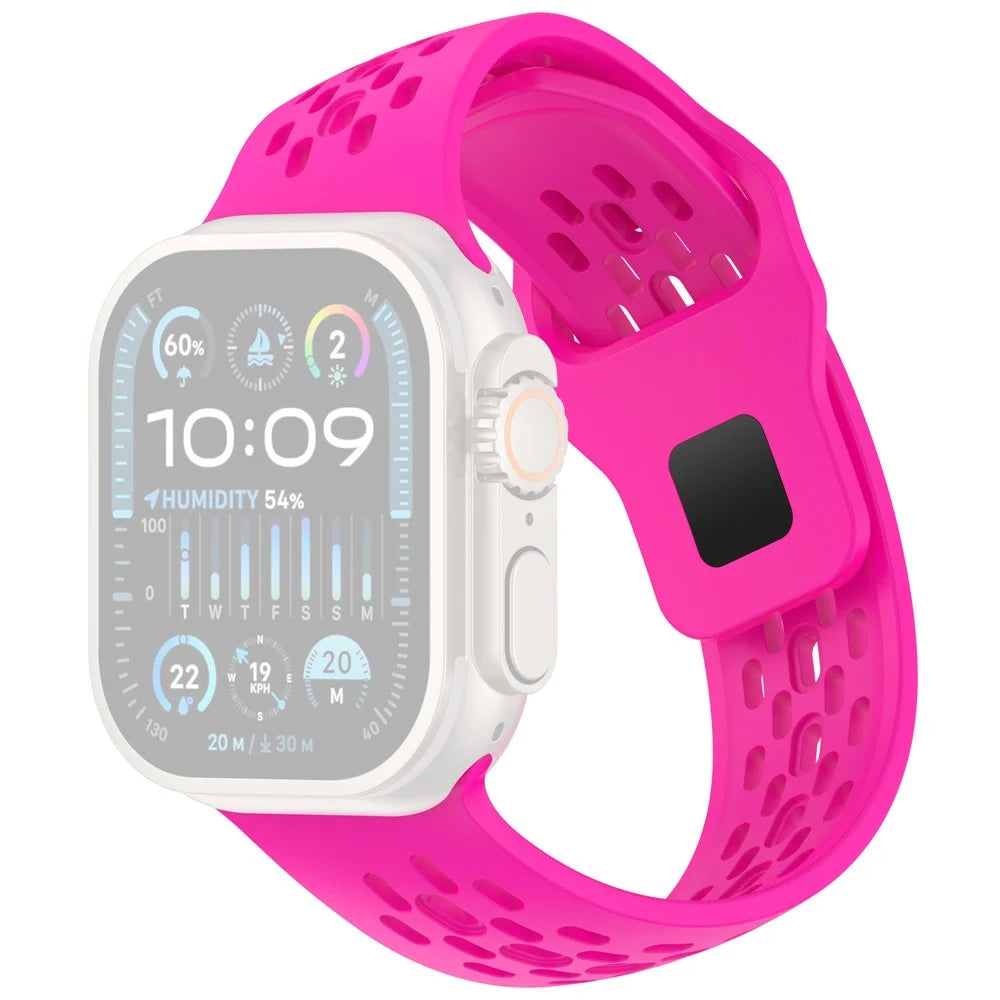 Silicone Watch Band for Apple Watch Ultra 3 2 1 49mm  /  Series 11 10 46mm  /  9 8 7 45mm  /  SE3 SE2 SE 6 5 4 44mm  /  3 2 1 42mm Slant Cut Breathable Mesh Strap - Hot Pink - 1