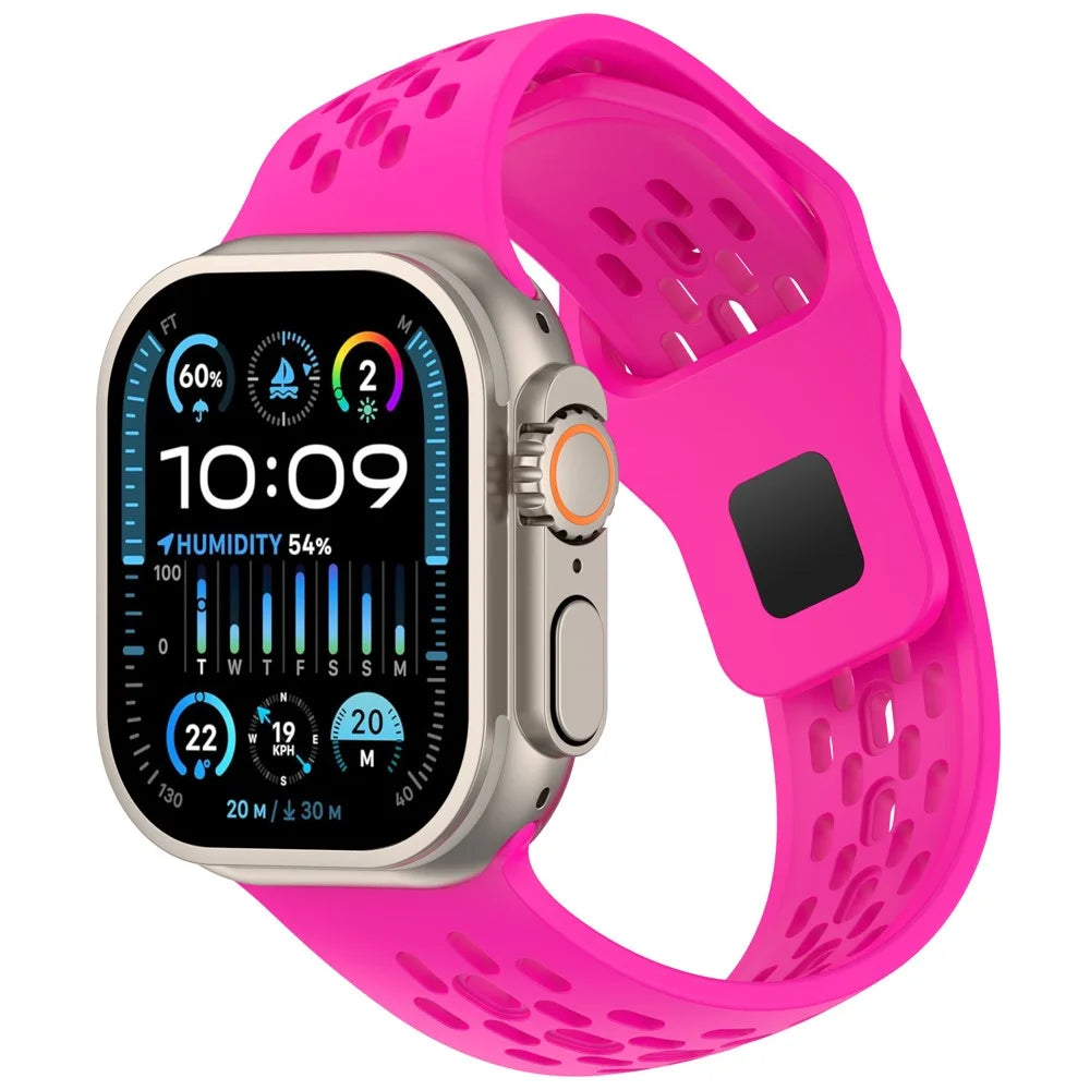 Silicone Watch Band for Apple Watch Ultra 3 2 1 49mm  /  Series 11 10 46mm  /  9 8 7 45mm  /  SE3 SE2 SE 6 5 4 44mm  /  3 2 1 42mm Slant Cut Breathable Mesh Strap - Hot Pink - 2