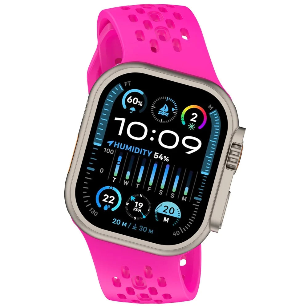Silicone Watch Band for Apple Watch Ultra 3 2 1 49mm  /  Series 11 10 46mm  /  9 8 7 45mm  /  SE3 SE2 SE 6 5 4 44mm  /  3 2 1 42mm Slant Cut Breathable Mesh Strap - Hot Pink - 3