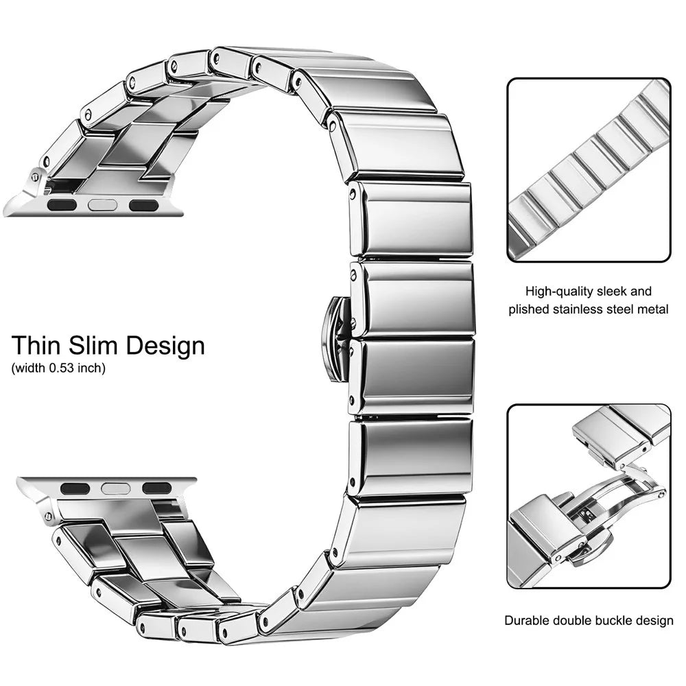 Watch Band For Apple Watch Series 11 10 42mm / 9 8 7 41mm / SE3 SE2 SE 6 5 4 40mm / 3 2 1 38mm , 18mm Stainless Steel One-Beaded Butterfly Clasp Metal Strap - Silver - 3