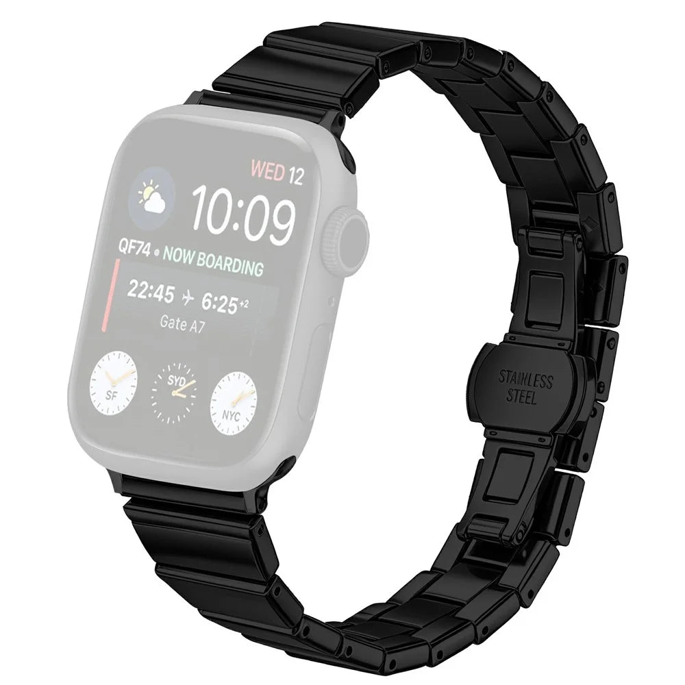 Watch Strap For Apple Watch Series 11 10 42mm / 9 8 7 41mm / SE3 SE2 SE 6 5 4 40mm / 3 2 1 38mm , 18mm One-Beaded Stainless Steel Butterfly Buckle Band - Black - 1