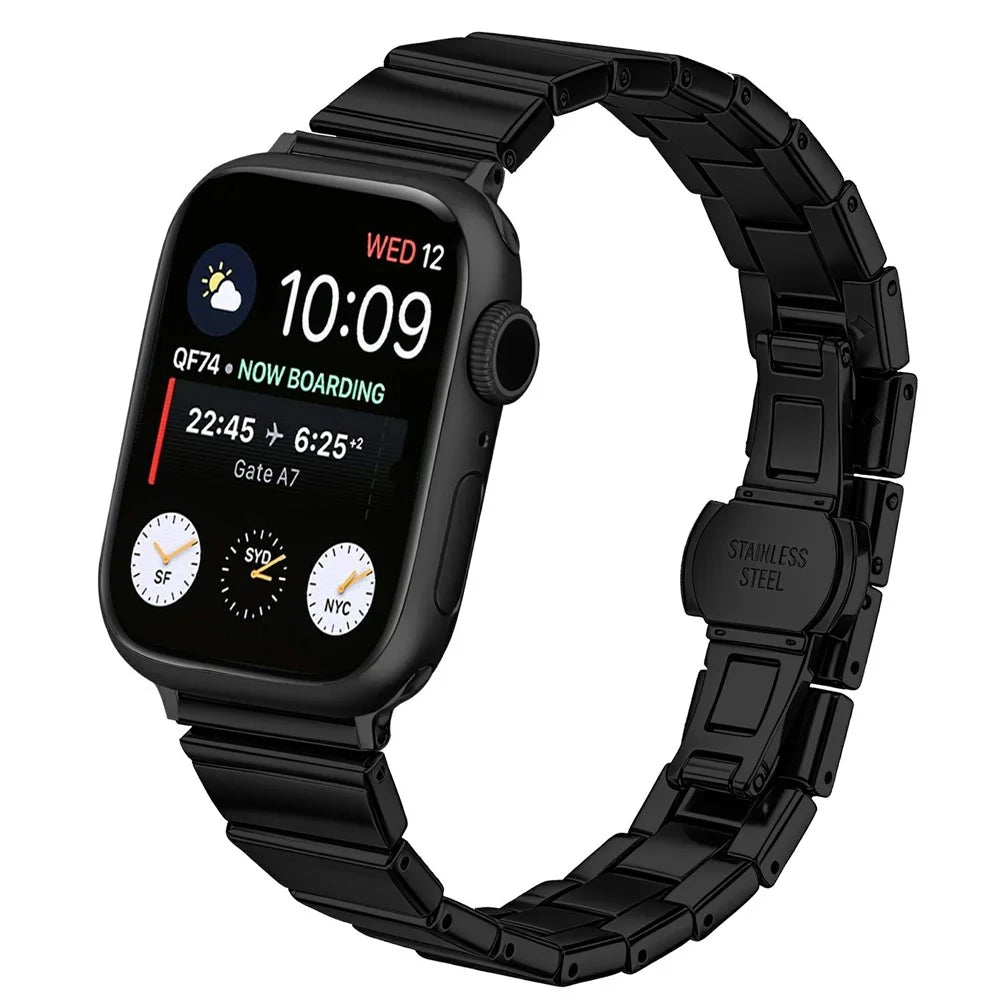 Watch Strap For Apple Watch Series 11 10 42mm / 9 8 7 41mm / SE3 SE2 SE 6 5 4 40mm / 3 2 1 38mm , 18mm One-Beaded Stainless Steel Butterfly Buckle Band - Black - 2