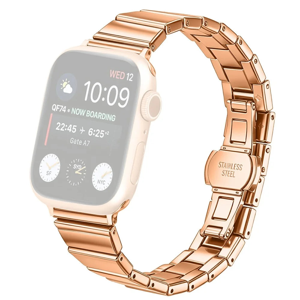 Watch Band For Apple Watch Series 11 10 42mm / 9 8 7 41mm / SE3 SE2 SE 6 5 4 40mm / 3 2 1 38mm , 18mm Stainless Steel Butterfly Clasp Strap - Rose Gold - 1
