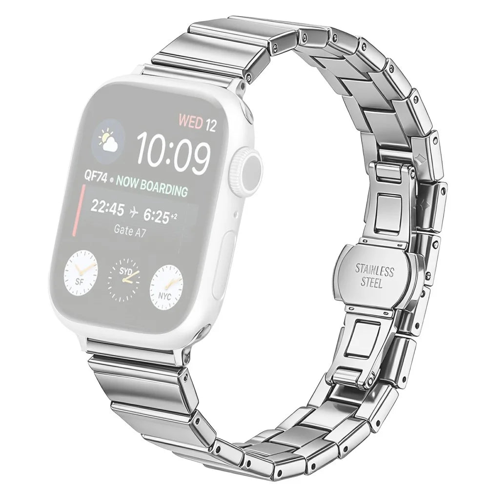 Watch Band For Apple Watch Ultra 3 2 1 49mm / Series 11 10 46mm / 9 8 7 45mm / SE3 SE2 SE 6 5 4 44mm / 3 2 1 42mm , 18mm Stainless Steel One-Beaded Butterfly Clasp Metal Strap - Silver - 1