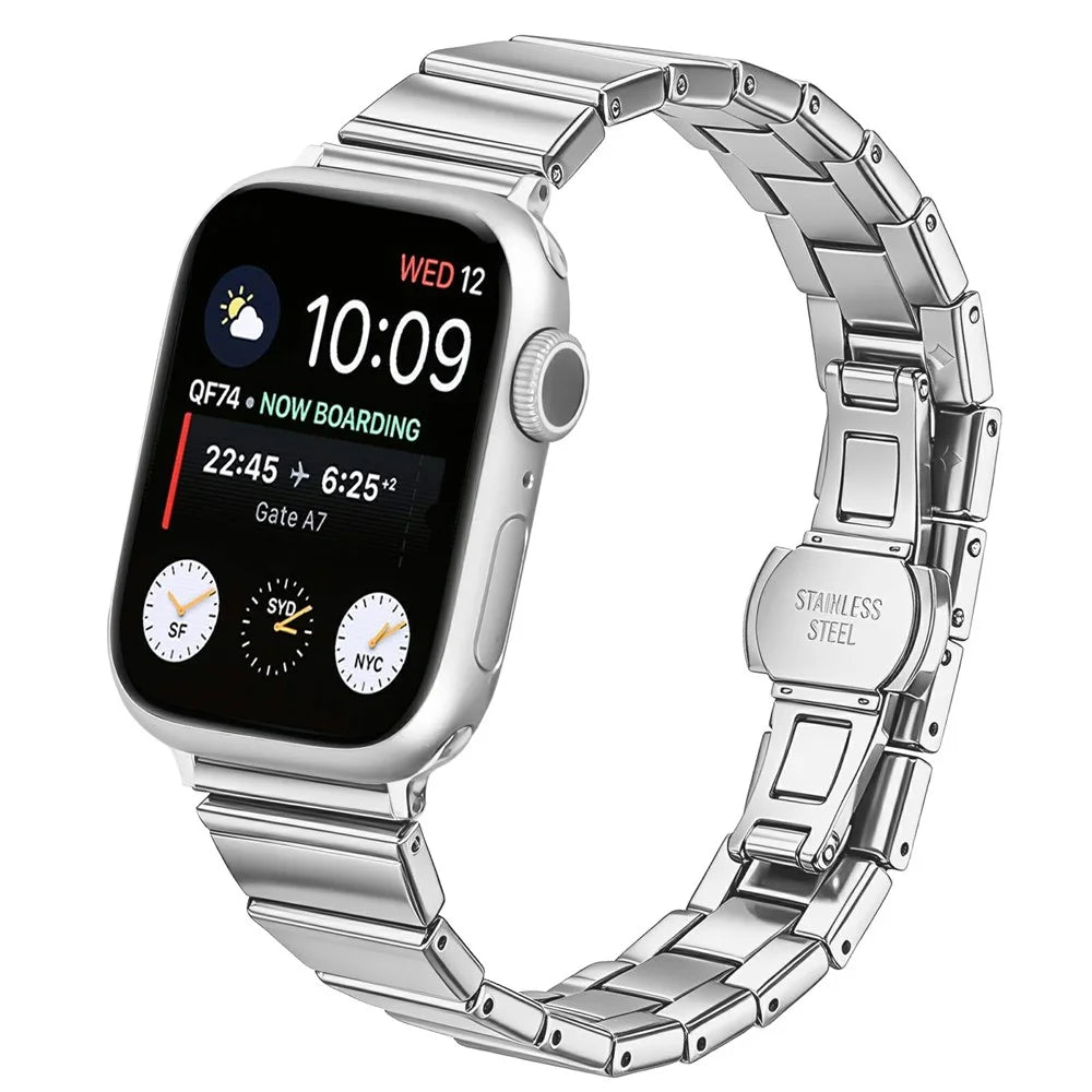 Watch Band For Apple Watch Ultra 3 2 1 49mm / Series 11 10 46mm / 9 8 7 45mm / SE3 SE2 SE 6 5 4 44mm / 3 2 1 42mm , 18mm Stainless Steel One-Beaded Butterfly Clasp Metal Strap - Silver - 2