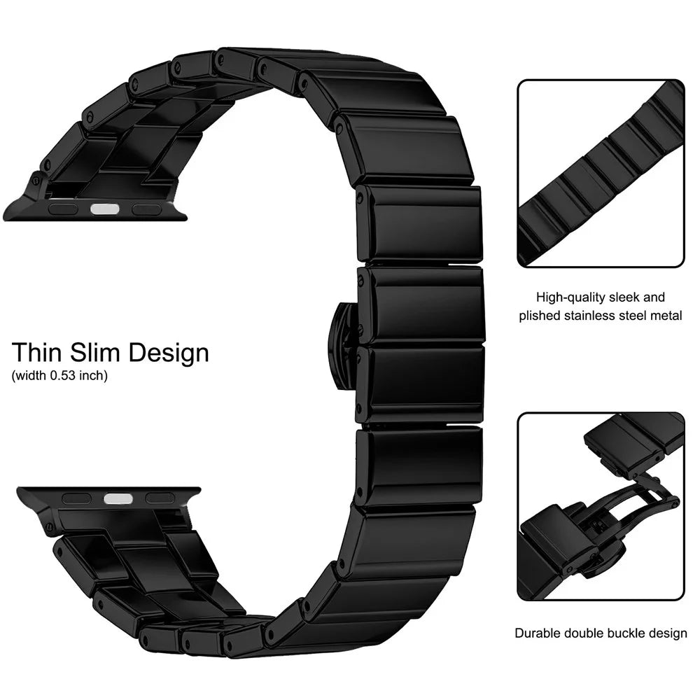 Watch Strap For Apple Watch Ultra 3 2 1 49mm / Series 11 10 46mm / 9 8 7 45mm / SE3 SE2 SE 6 5 4 44mm / 3 2 1 42mm , 18mm One-Beaded Stainless Steel Butterfly Buckle Band - Black - 3