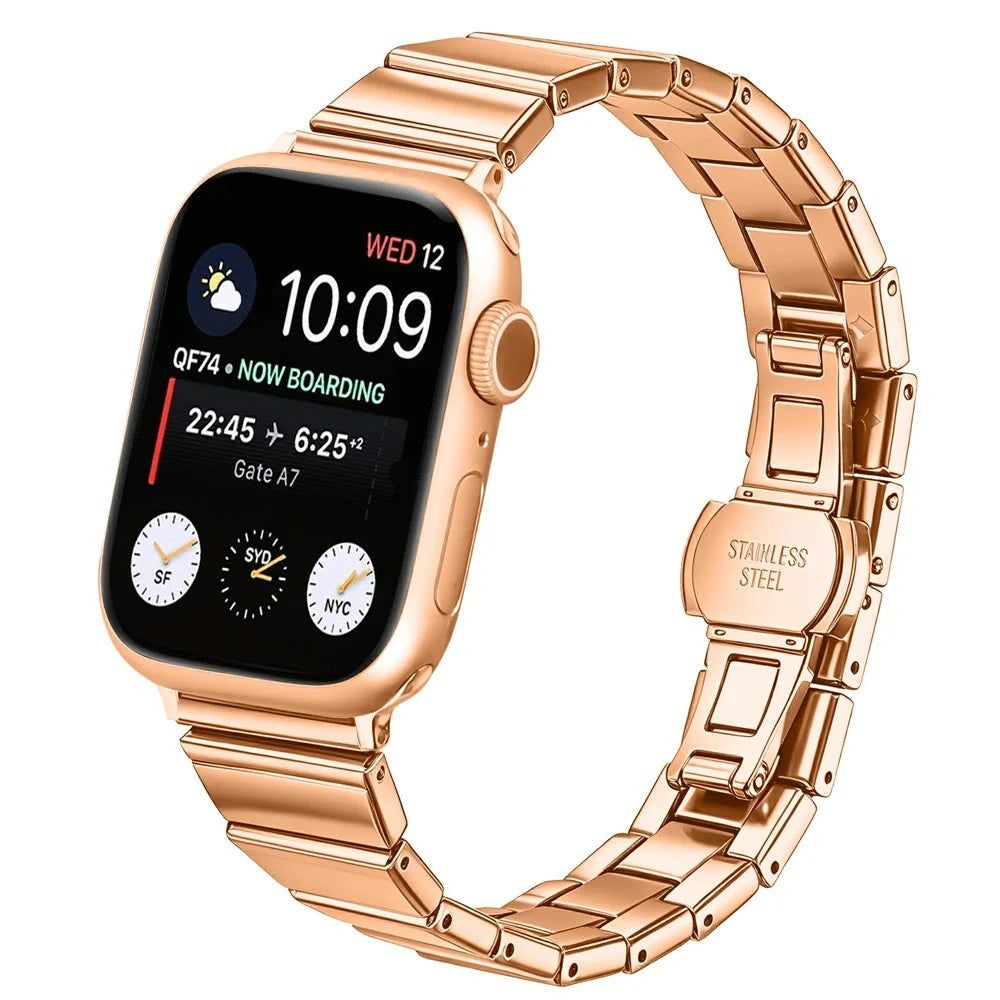 Watch Band For Apple Watch Ultra 3 2 1 49mm / Series 11 10 46mm / 9 8 7 45mm / SE3 SE2 SE 6 5 4 44mm / 3 2 1 42mm , 18mm Stainless Steel Butterfly Clasp Strap - Rose Gold - 2
