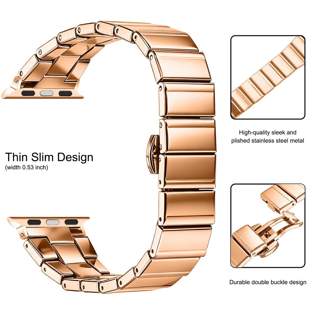 Watch Band For Apple Watch Ultra 3 2 1 49mm / Series 11 10 46mm / 9 8 7 45mm / SE3 SE2 SE 6 5 4 44mm / 3 2 1 42mm , 18mm Stainless Steel Butterfly Clasp Strap - Rose Gold - 3