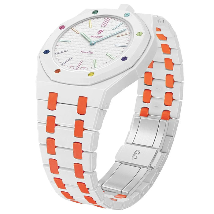 For Swatch Royal Pop Strap with Watch Case Integrated Ceramic Watch Band - White+Orange Ceramic / 12 O'clock Direction - 2