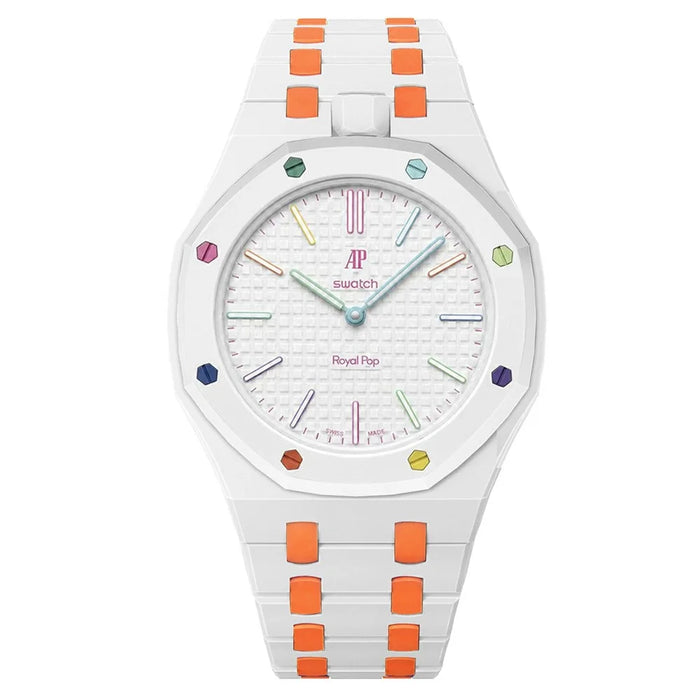 For Swatch Royal Pop Strap with Watch Case Integrated Ceramic Watch Band - White+Orange Ceramic / 12 O'clock Direction - 3