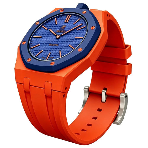For Swatch Royal Pop Watch Band Scratch-Resistant Silicone Integrated Strap with Ceramic Watch Case - Orange-red / 12 O'clock Direction - 1