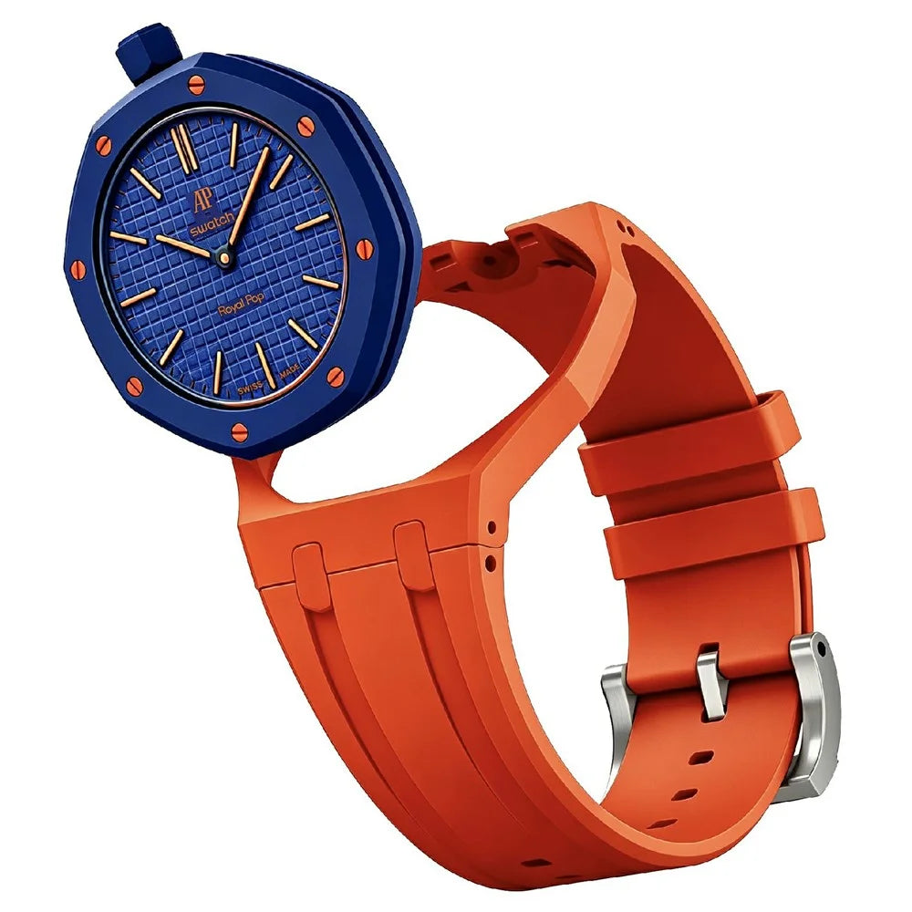 For Swatch Royal Pop Watch Band Scratch-Resistant Silicone Integrated Strap with Ceramic Watch Case - Orange-red / 12 O'clock Direction - 3