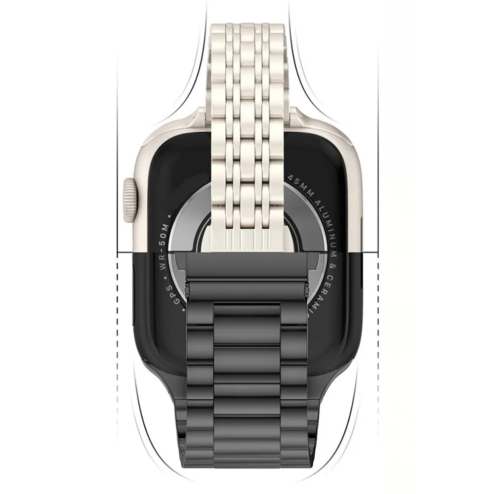 For Apple Watch Series 11 10 42mm Band 7-Bead Stainless Steel Strap with Full Coverage TPU Watch Case and Removal Tool - Black - 7