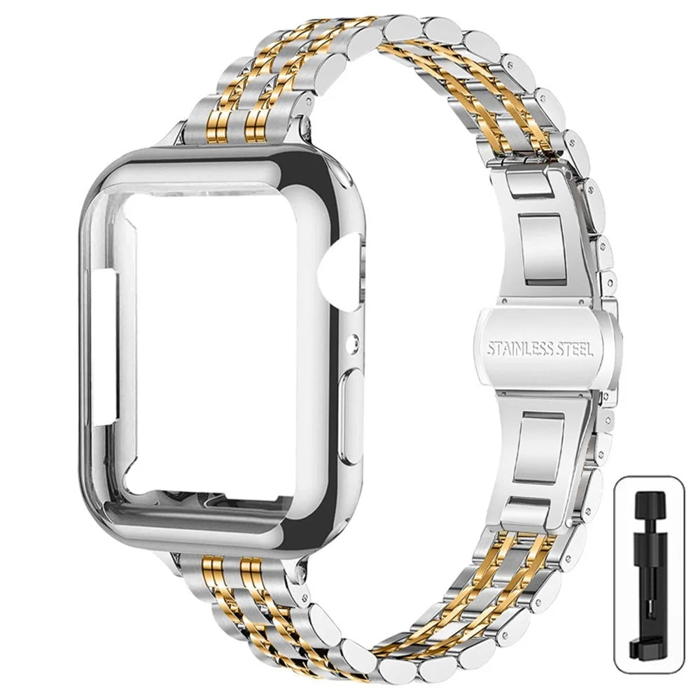 For Apple Watch Series 11 10 46mm Band 7-Bead Stainless Steel Strap with Full Coverage TPU Watch Case and Removal Tool - Silver / Gold - 1