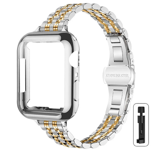 For Apple Watch Series 11 10 46mm Band 7-Bead Stainless Steel Strap with Full Coverage TPU Watch Case and Removal Tool - Silver / Gold - 1