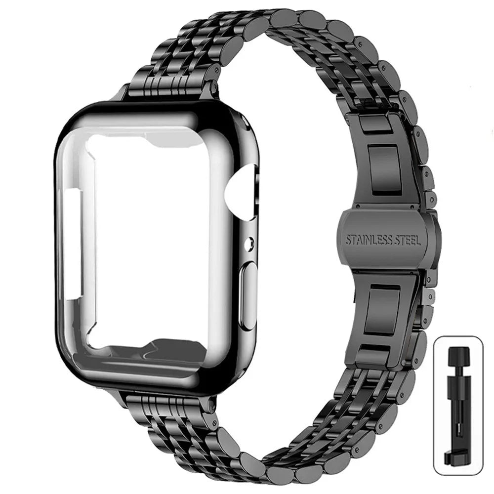 For Apple Watch Ultra 3 2 1 49mm Band 7-Bead Stainless Steel Strap with Full Coverage TPU Watch Case and Removal Tool - Black - 1