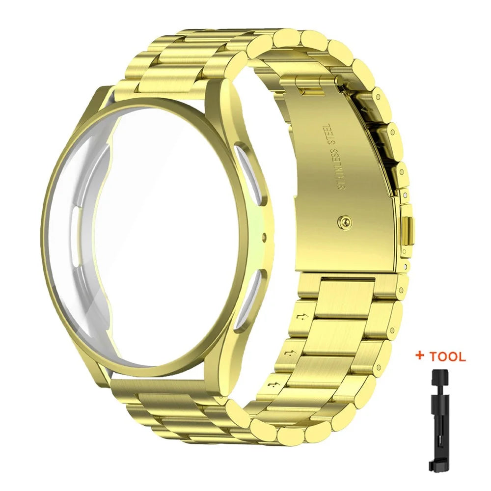 For Samsung Galaxy Watch6 40mm 3-Bead Stainless Steel Strap with TPU Full Cover Watch Case and Removal Tool - Gold - 1