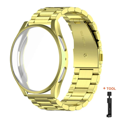 For Samsung Galaxy Watch6 40mm 3-Bead Stainless Steel Strap with TPU Full Cover Watch Case and Removal Tool - Gold - 1
