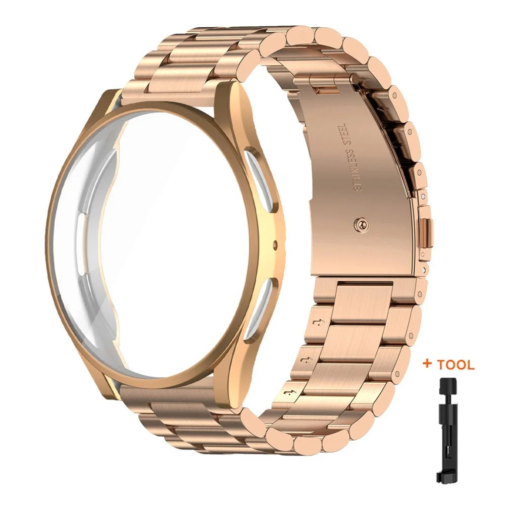 For Samsung Galaxy Watch6 44mm 3-Bead Stainless Steel Strap with TPU Full Cover Watch Case and Removal Tool - Rose Gold - 1