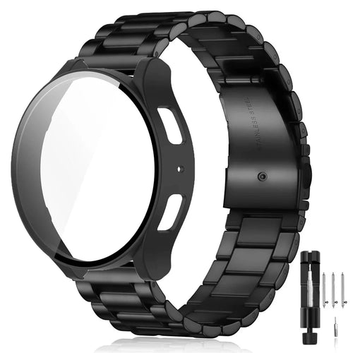 For Samsung Galaxy Watch 5 4 44mm 3-Bead Stainless Steel Band + Full Cover PC Watch Case with Removal Tool - Black - 1