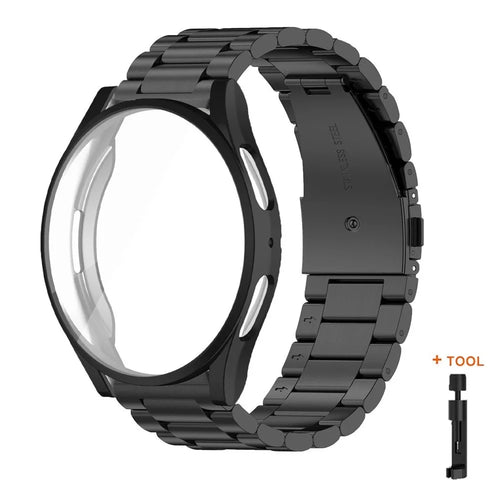 For Samsung Galaxy Watch 5 4 44mm 3-Bead Stainless Steel Strap with TPU Full Cover Watch Case and Removal Tool - Black - 1