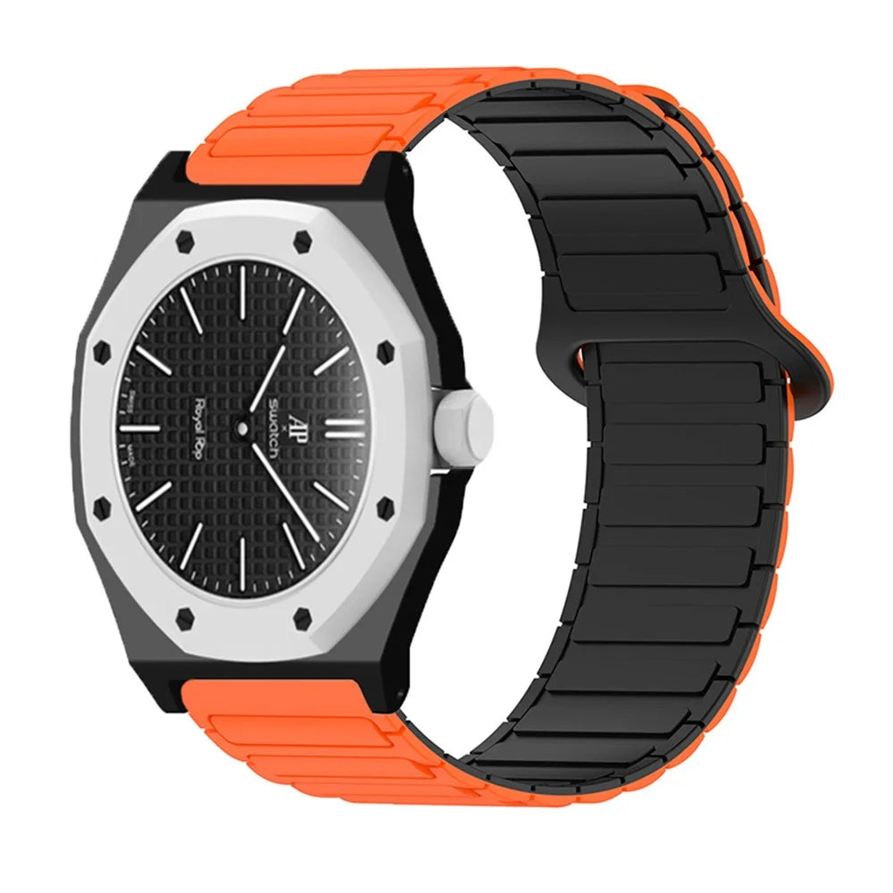 For Swatch Royal Pop Silicone Watch Strap with Case Magnetic Clasp Band - Orange / Black+Black - 2