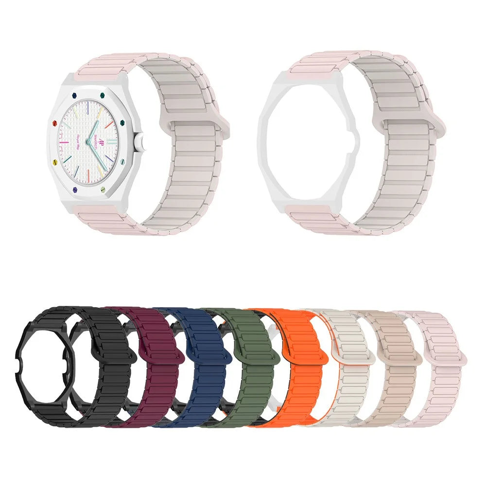 For Swatch Royal Pop Silicone Watch Strap with Case Magnetic Clasp Band - Orange / Black+Black - 4