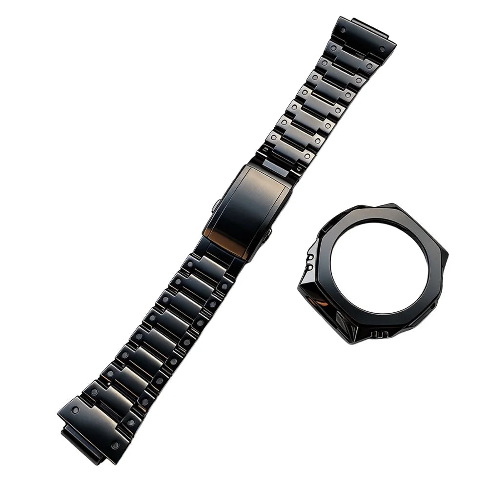 For Casio GMA-S2100 / G-Shock GA-2100 Band Stainless Steel Replacement Strap with Octagonal Design Protective Case - Black - 1
