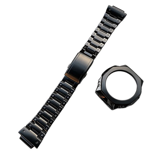 For Casio GMA-S2100 / G-Shock GA-2100 Band Stainless Steel Replacement Strap with Octagonal Design Protective Case - Black - 1