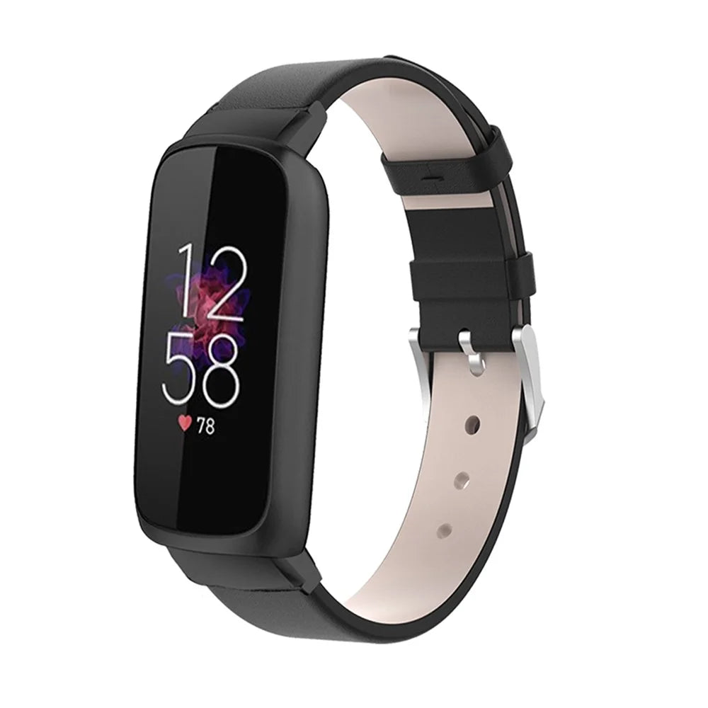 Genuine Leather Replacement Watch Band Adjustable Wrist Strap for Fitbit Luxe - Black - 2