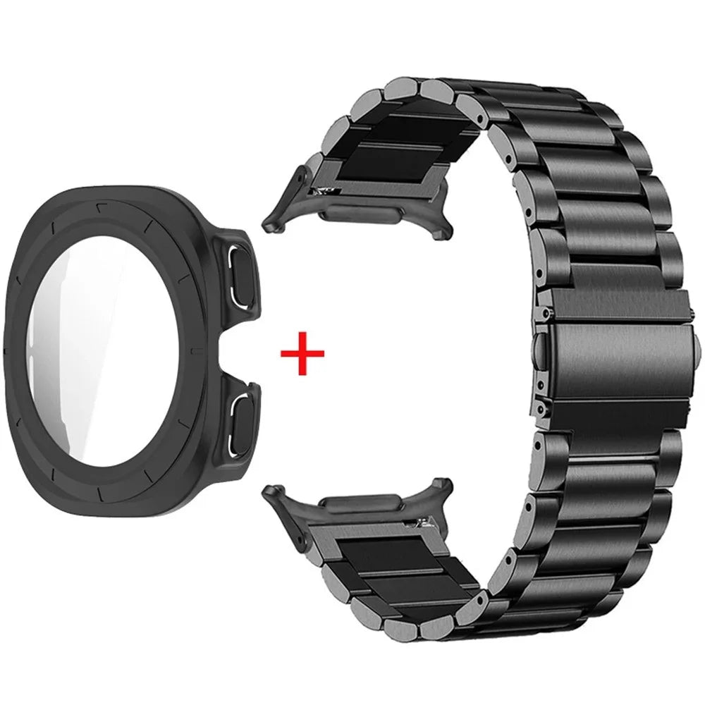 For Samsung Galaxy Watch Ultra 47mm / Ultra (2025) 47mm 3-Bead Stainless Steel Band + PC Watch Case with Tempered Glass Screen Protector - Black - 1
