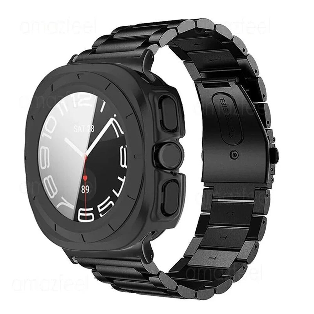 For Samsung Galaxy Watch Ultra 47mm / Ultra (2025) 47mm 3-Bead Stainless Steel Band + PC Watch Case with Tempered Glass Screen Protector - Black - 2
