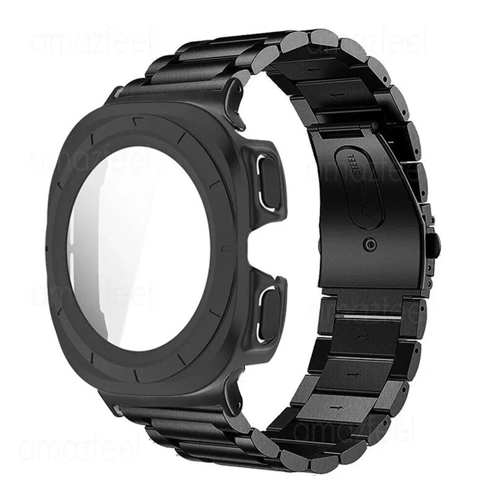 For Samsung Galaxy Watch Ultra 47mm / Ultra (2025) 47mm 3-Bead Stainless Steel Band + PC Watch Case with Tempered Glass Screen Protector - Black - 3