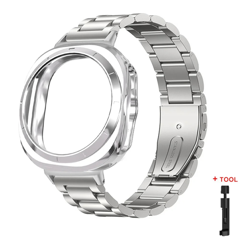 Watch Band for Samsung Galaxy Watch Ultra 47mm / Ultra (2025) 47mm 3-Bead Stainless Steel Strap with Half-wrap TPU Case and Link Remover Tool - Silver - 1