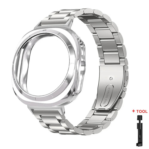 Watch Band for Samsung Galaxy Watch Ultra 47mm / Ultra (2025) 47mm 3-Bead Stainless Steel Strap with Half-wrap TPU Case and Link Remover Tool - Silver - 1