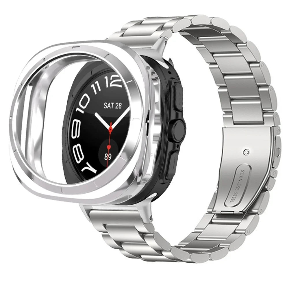 Watch Band for Samsung Galaxy Watch Ultra 47mm / Ultra (2025) 47mm 3-Bead Stainless Steel Strap with Half-wrap TPU Case and Link Remover Tool - Silver - 2