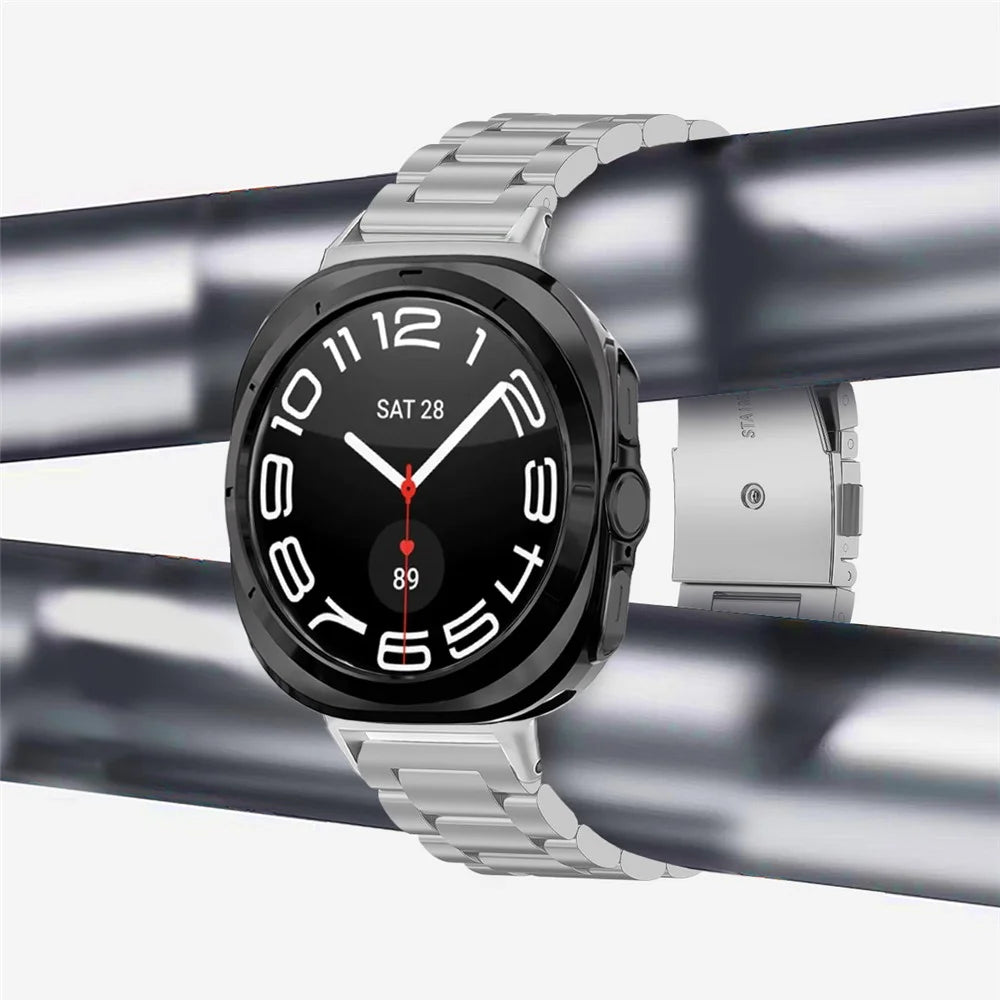 Watch Band for Samsung Galaxy Watch Ultra 47mm / Ultra (2025) 47mm 3-Bead Stainless Steel Strap with Half-wrap TPU Case and Link Remover Tool - Silver - 3