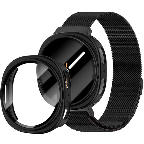 For Samsung Galaxy Watch9 44mm / Watch8 44mm Stainless Steel Milanese Band + PC Watch Case with Tempered Glass Screen Protector - Black - 1
